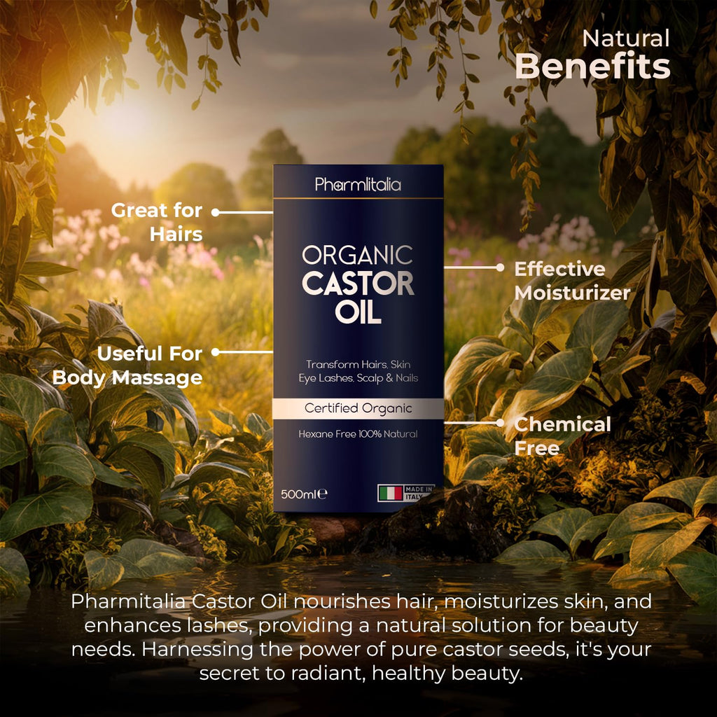 Pharmlitalia Organic Cold-Pressed Castor Oil – 500ml in Dark Glass Bottle for Hair, Skin & Nails