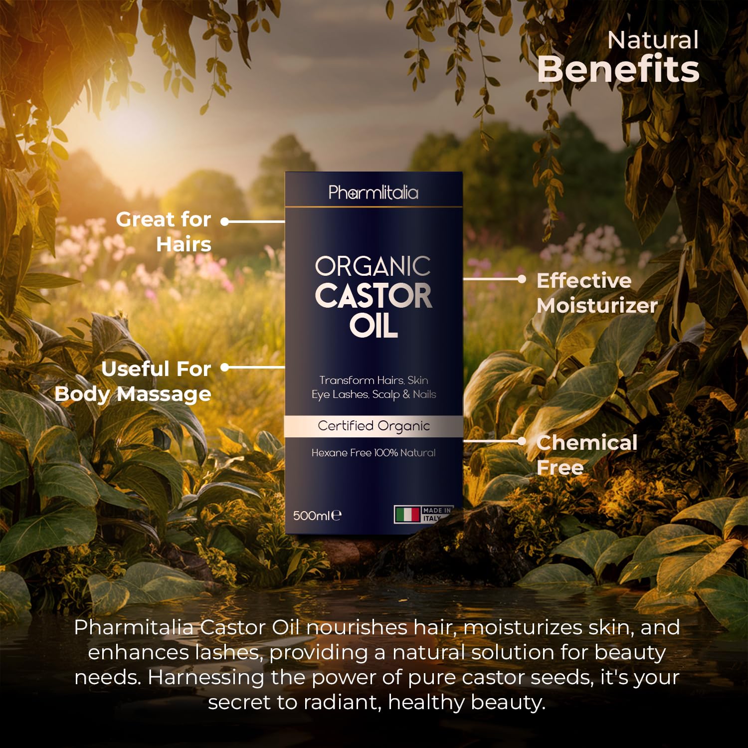 Pharmlitalia Organic Cold-Pressed Castor Oil – 500ml in Dark Glass Bottle for Hair, Skin & Nails