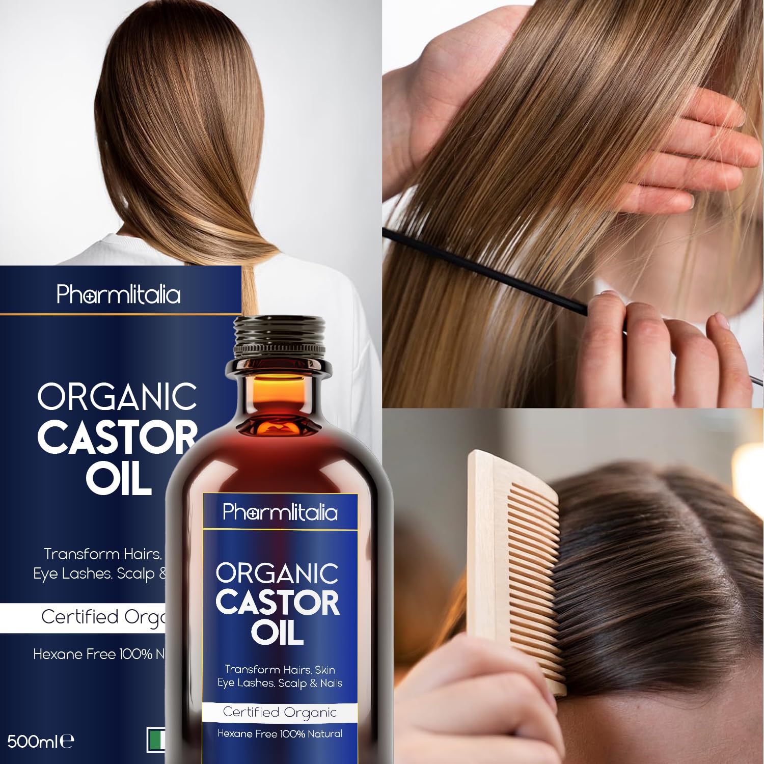 Pharmlitalia Organic Cold-Pressed Castor Oil – 500ml in Dark Glass Bottle for Hair, Skin & Nails
