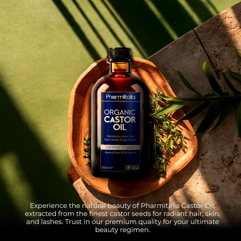 Pharmlitalia Organic Cold-Pressed Castor Oil – 500ml in Dark Glass Bottle for Hair, Skin & Nails