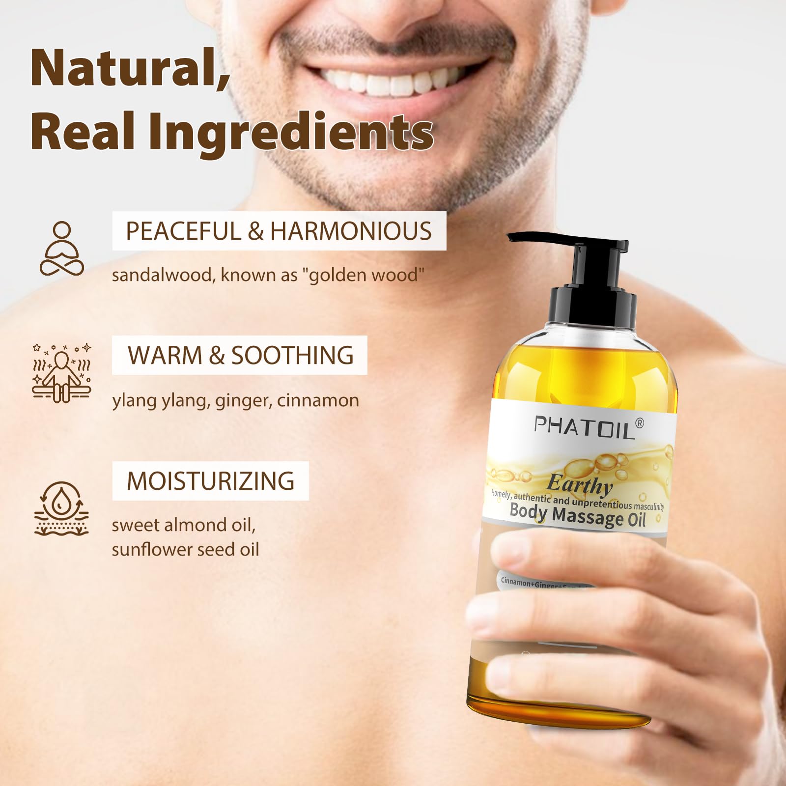 PHATOIL Sandalwood Body Oil for Men – Ginger, Ylang Ylang, Cinnamon | 260ml