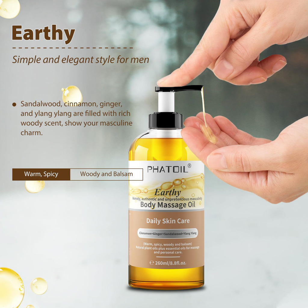 PHATOIL Sandalwood Body Oil for Men – Ginger, Ylang Ylang, Cinnamon | 260ml