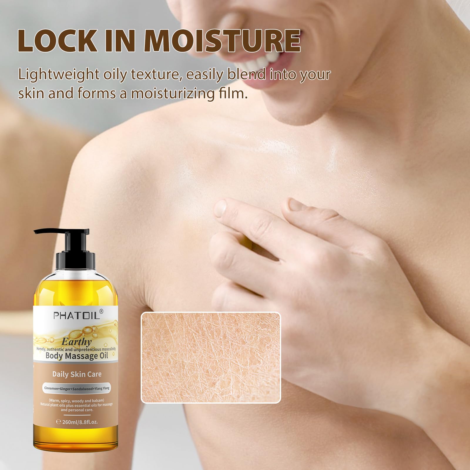 PHATOIL Sandalwood Body Oil for Men – Ginger, Ylang Ylang, Cinnamon | 260ml
