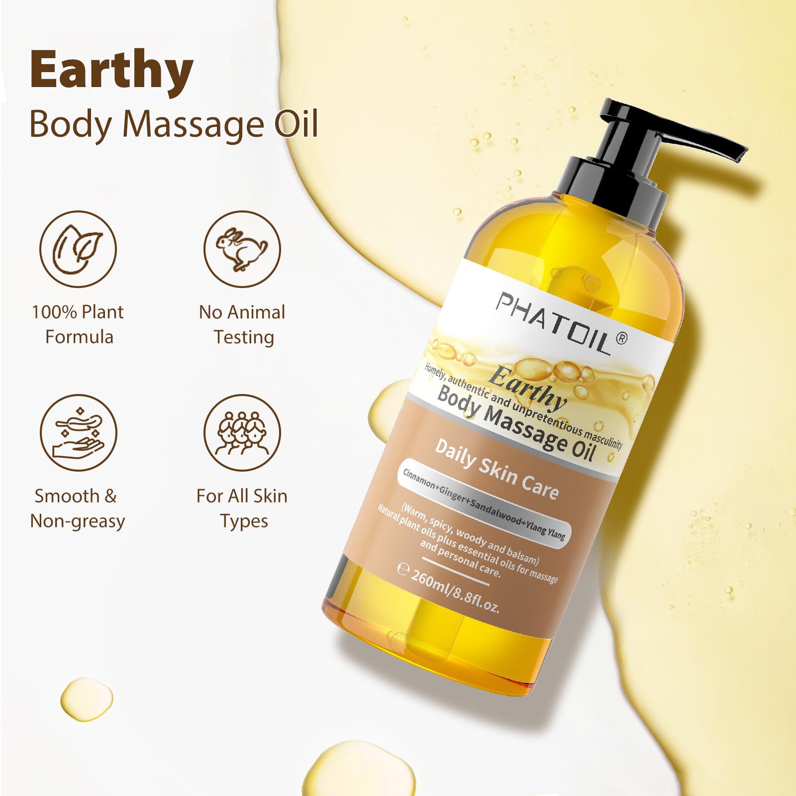 PHATOIL Sandalwood Body Oil for Men – Ginger, Ylang Ylang, Cinnamon | 260ml