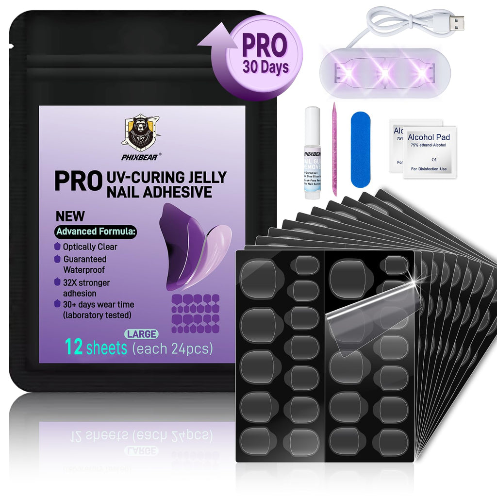 PHIXBEAR PRO UV Jelly Nail Adhesive Tabs – 288pcs, 32x Strong Hold, Ultra-Thin 0.3mm, Waterproof, 12 Sizes, Easy Removal