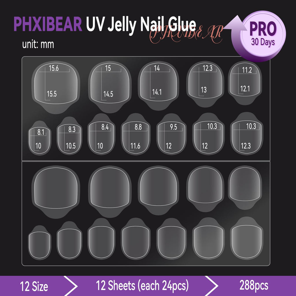 PHIXBEAR PRO UV Jelly Nail Adhesive Tabs – 288pcs, 32x Strong Hold, Ultra-Thin 0.3mm, Waterproof, 12 Sizes, Easy Removal