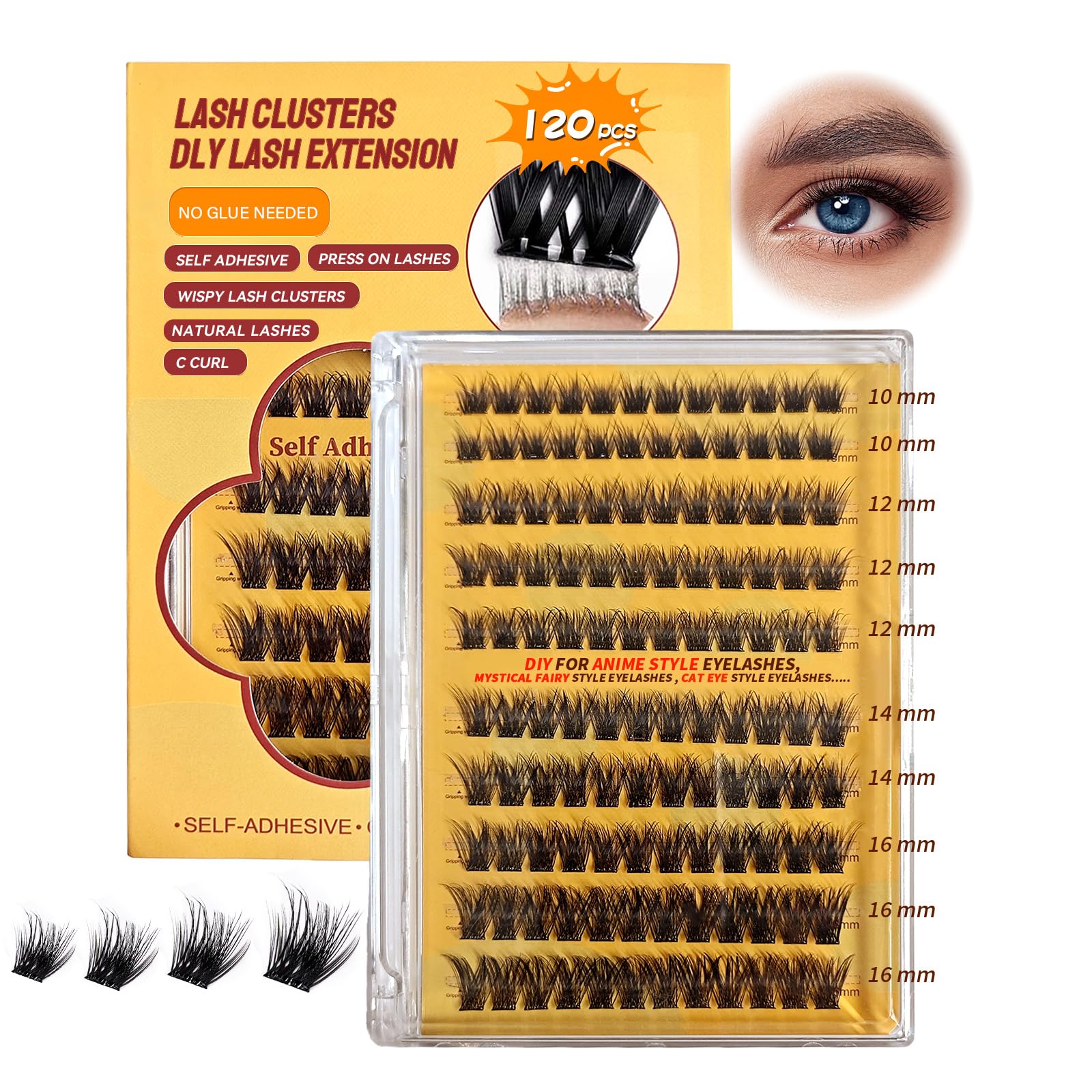 PHIXBEAR Self Adhesive Eyelashes – 120pcs No Glue Needed, Reusable 10–16mm Wispy Clusters