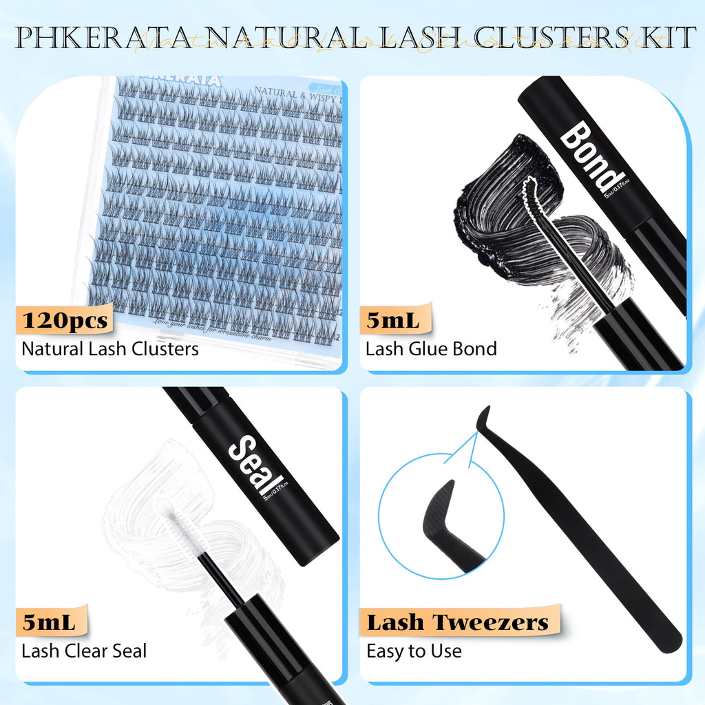 PHKERATA Wispy Lash Extension Kit – 120 Natural Cluster Lashes (9-12mm) with Glue & Tweezers