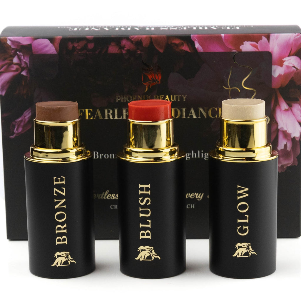 Phoenix Beauty Cream Contour Stick Set – Blush, Bronzer & Highlighter Trio | Hydrating, Buildable Pigment