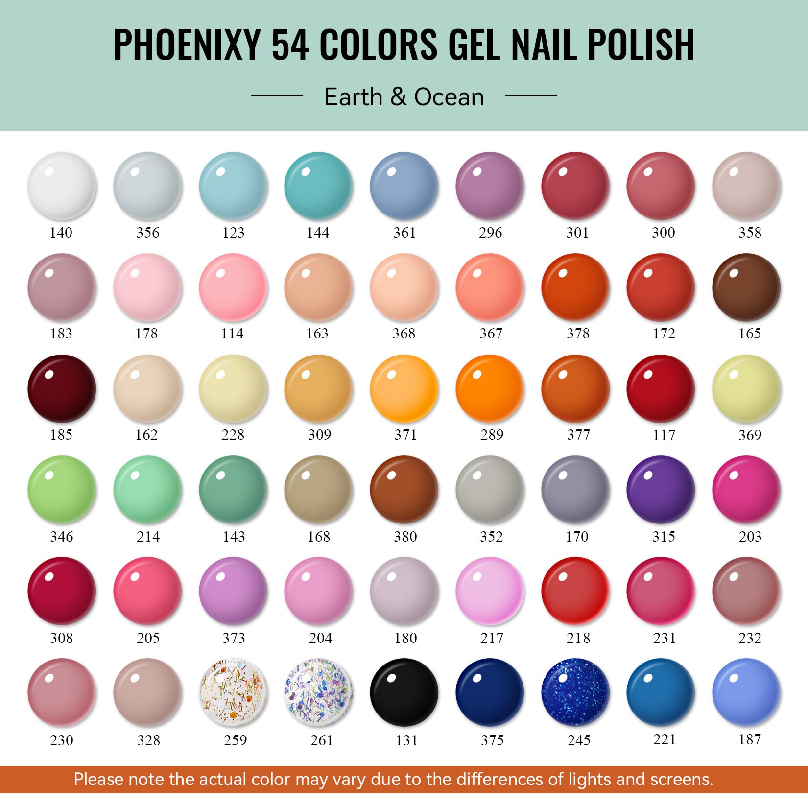 Phoenixy 62-Pcs Gel Nail Polish Set – 54 Colors + Base Coats & Glitter Top Coats