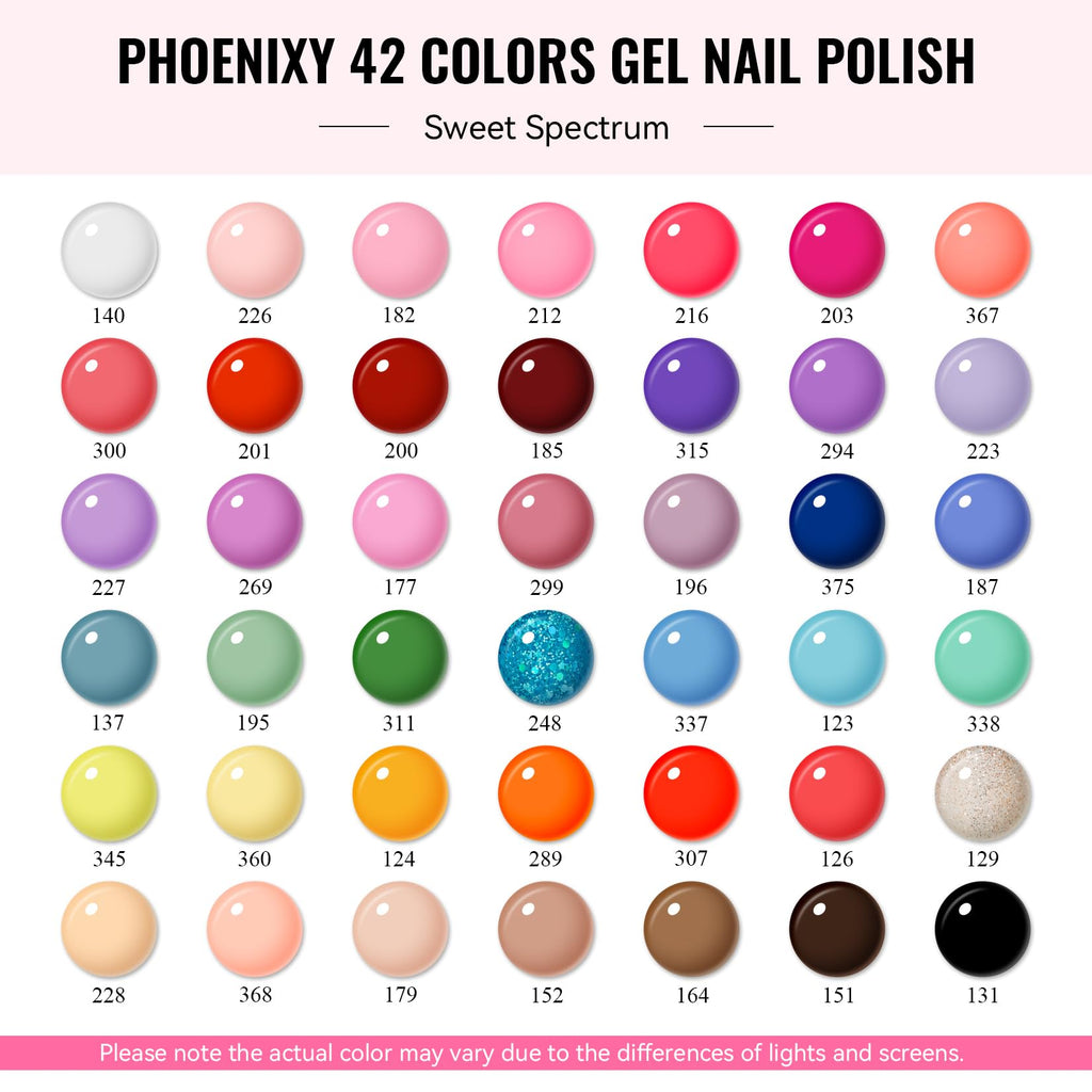 Phoenixy Gel Nail Polish Set – 42 Colors with Base Coat & 4 Top Coats for All-Season Manicures