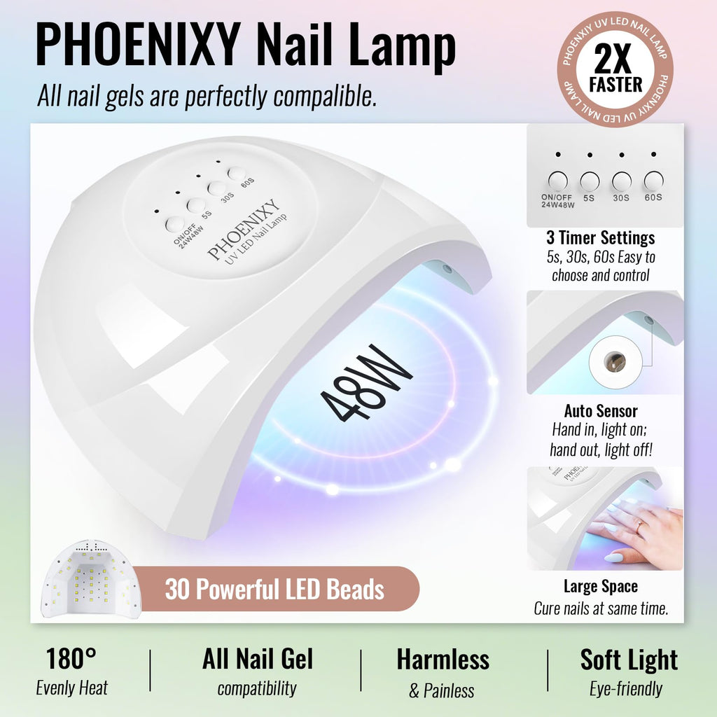 Phoenixy Gel Nail Polish Kit with UV Light — 64 Pcs, 45 Colors, All Seasons