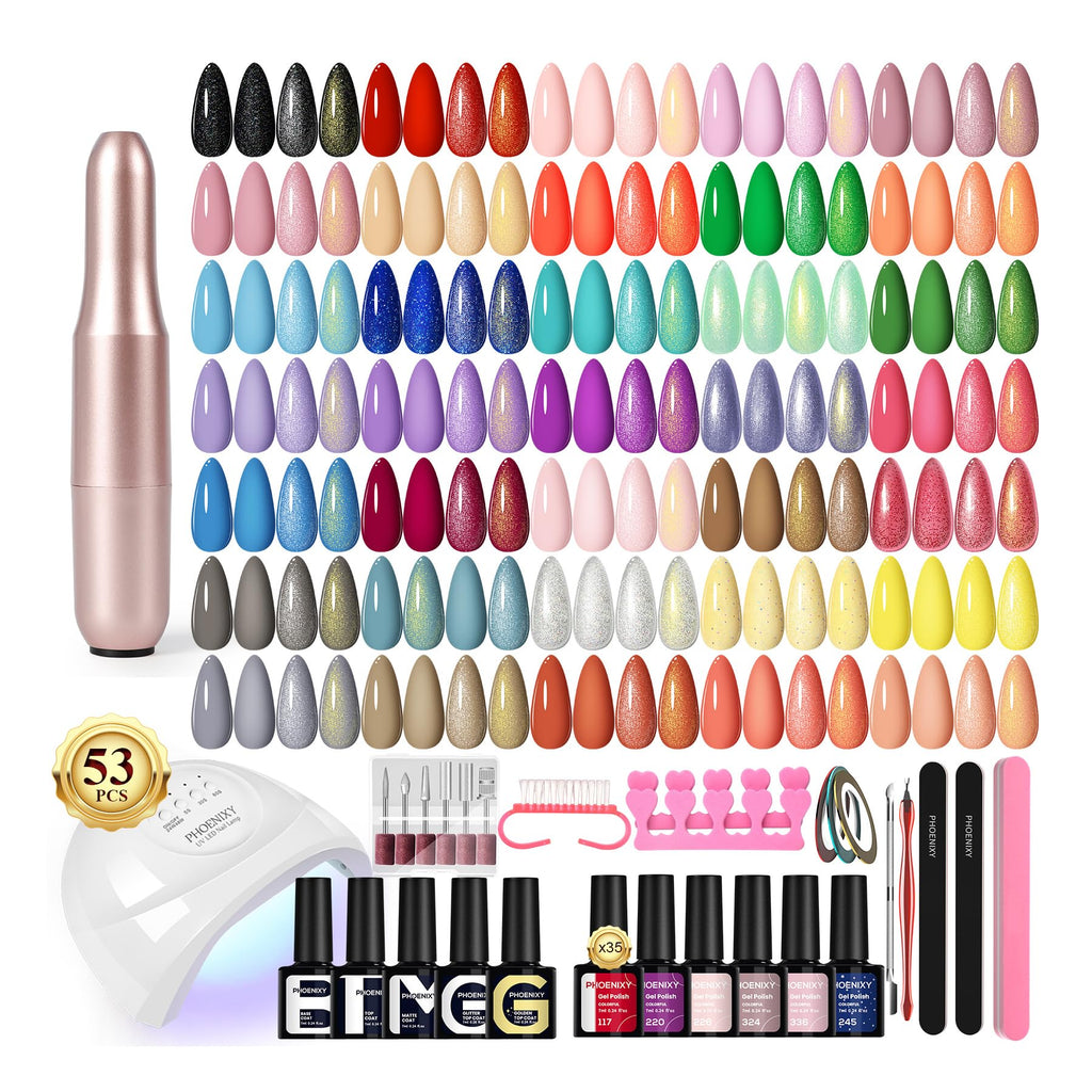 Phoenixy 53-Pcs Gel Nail Kit with UV Lamp & Drill – 35 Colors for At-Home Manicure