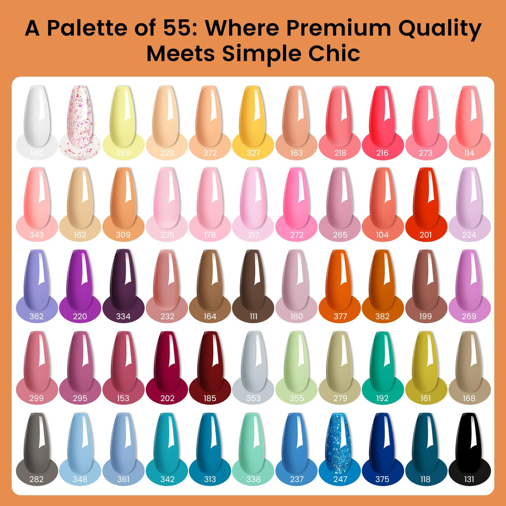 Phoenixy 71-Pcs Gel Nail Polish Kit with UV Light — 55 Nude Colors, 5 Bases & Top Coats