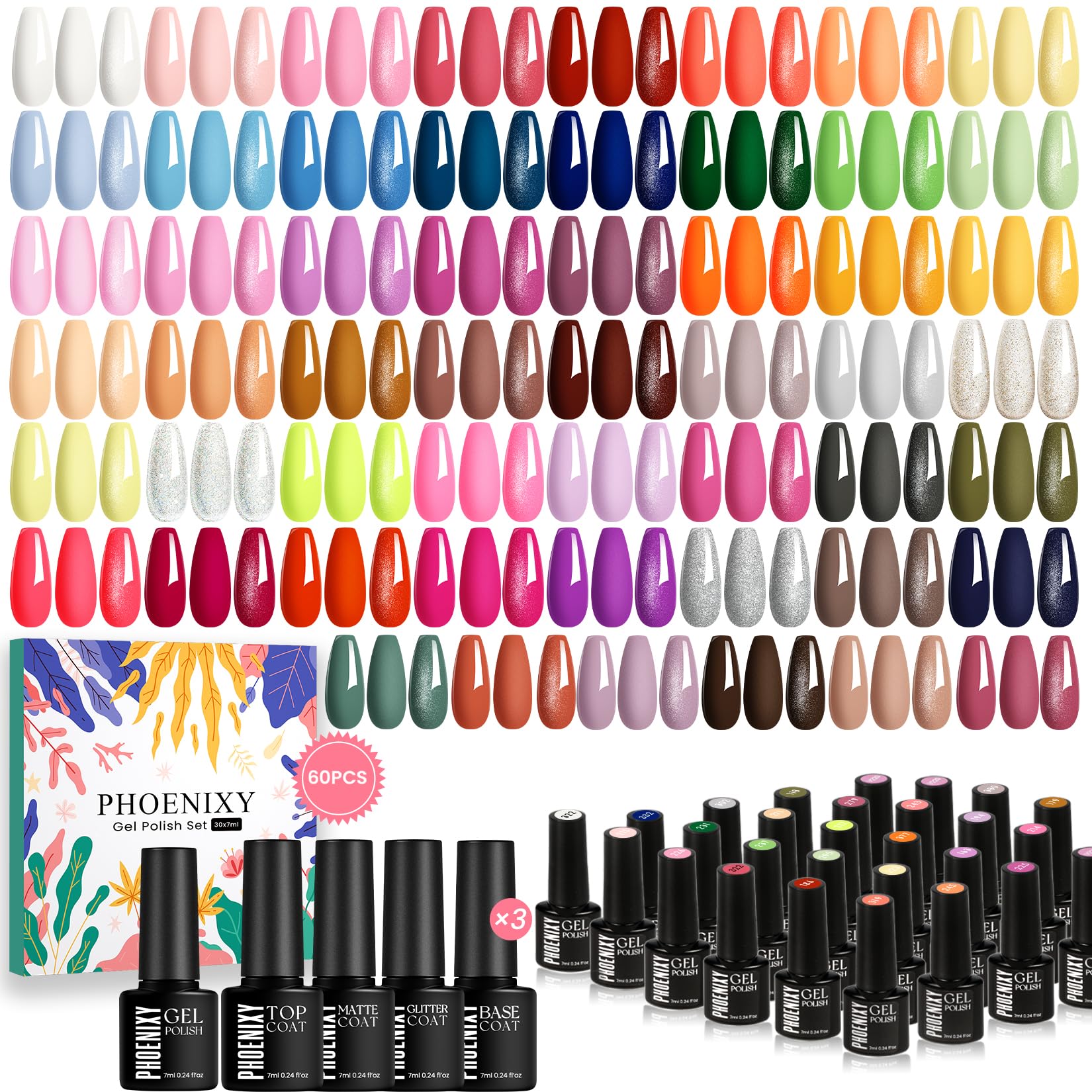 Phoenixy 60 Pcs Gel Nail Polish Set – 54 Colors with Base & Top Coats, Gift Box