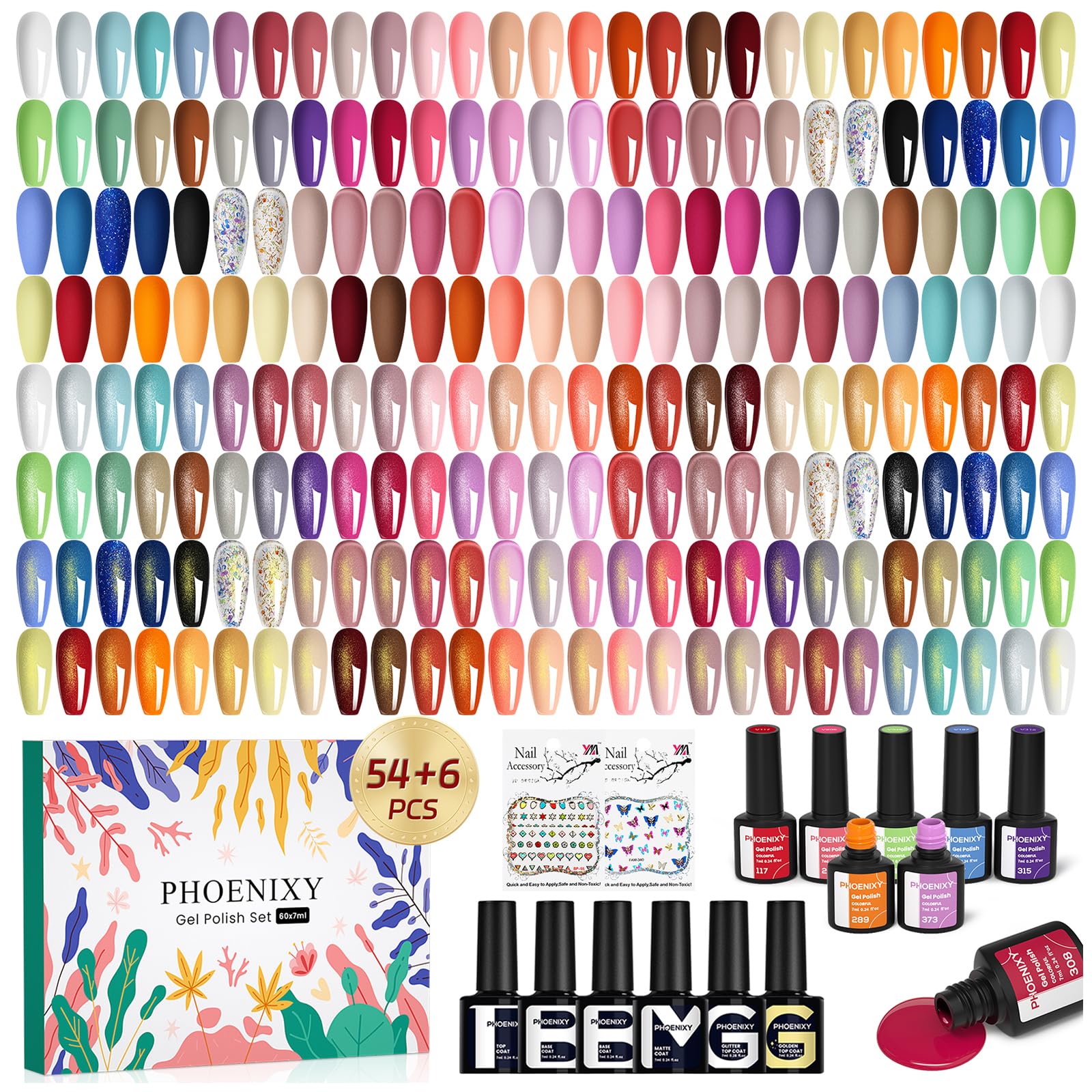 Phoenixy 62-Pcs Gel Nail Polish Set – 54 Colors + Base Coats & Glitter Top Coats