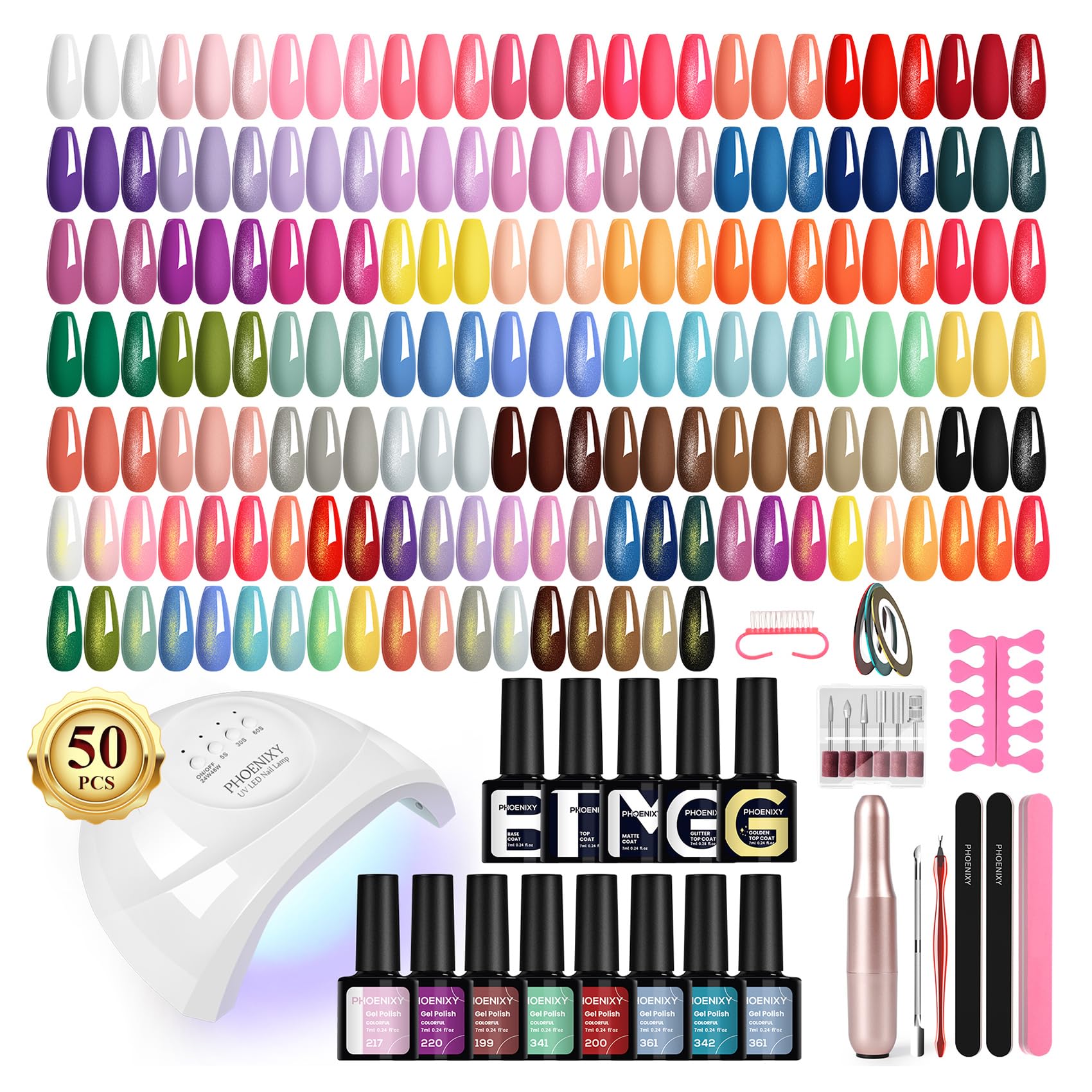 PHOENXY 63-Pcs Gel Nail Polish Kit with UV Light & Drill — 45 Colors Manicure Starter Set