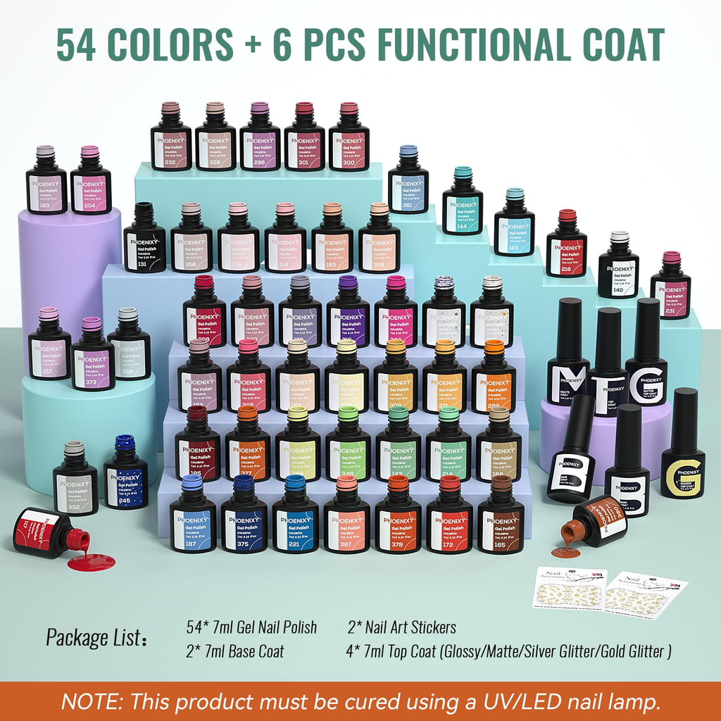 Phoenixy 62-Pcs Gel Nail Polish Set – 54 Colors + Base Coats & Glitter Top Coats