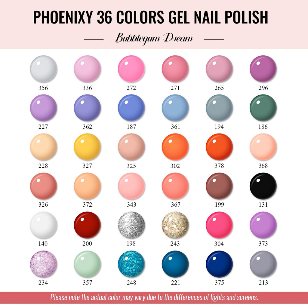 Phoenixy 44 Pcs Gel Nail Polish Set: 36 Colors + Base Coat & 4 Top Coats for All Seasons