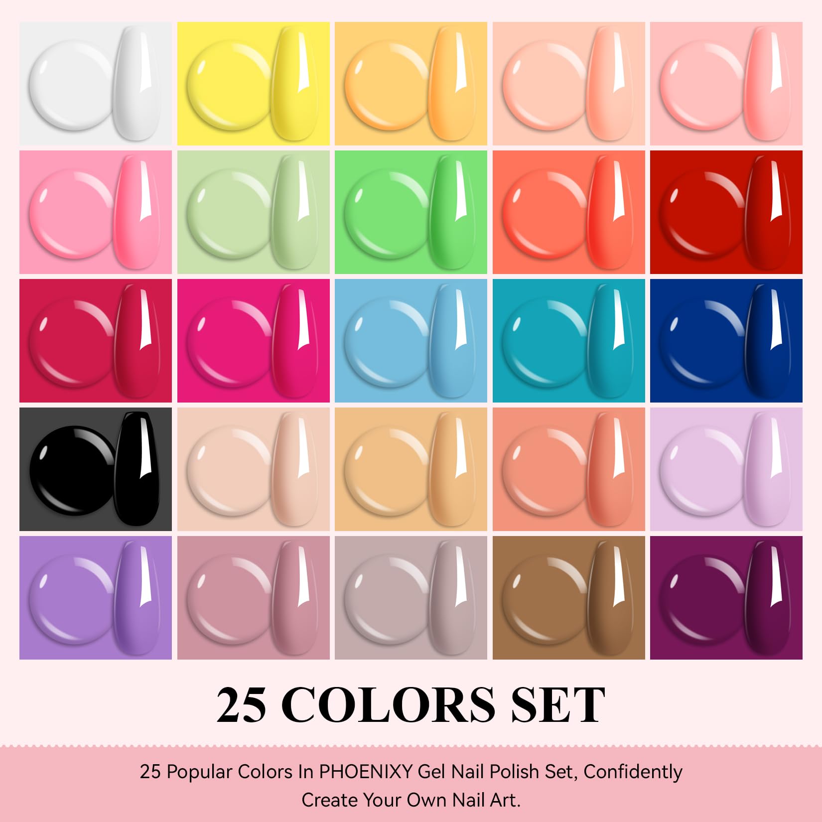 Phoenixy Gel Nail Polish Set – 25 Colors + Base & Top Coats, All-Season UV Gel