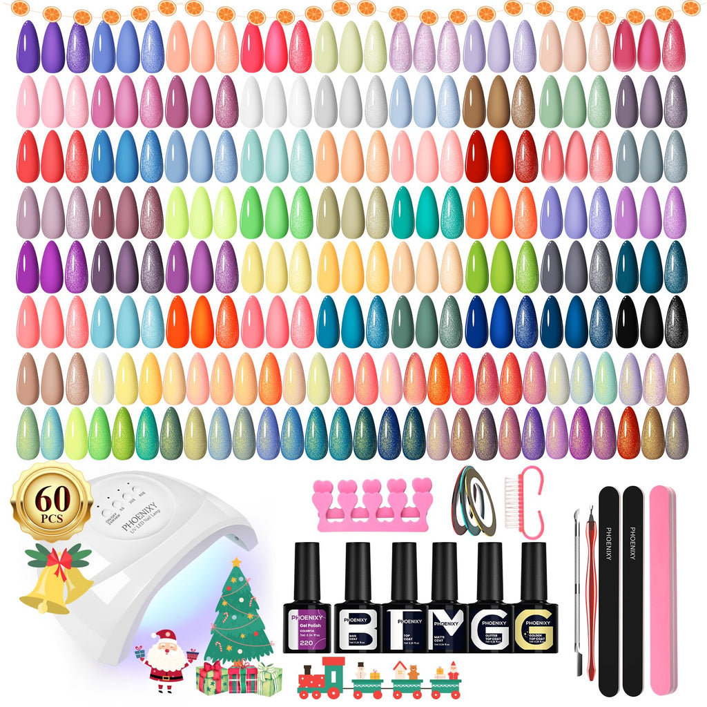 Phoenixy 71 Pcs Gel Nail Kit with UV Light — 55 Colors, 60 Bottles, Base & Top Coats, DIY Manicure Set