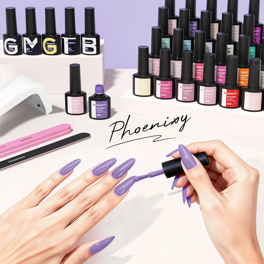 Phoenixy 65Pcs Gel Nail Kit with UV LED Lamp – 50 Colors, Base & Top Coat, Beginner Friendly