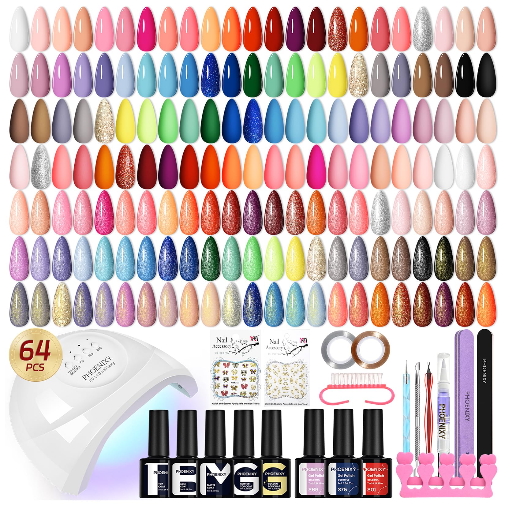 Phoenixy Gel Nail Polish Kit with UV Light — 64 Pcs, 45 Colors, All Seasons
