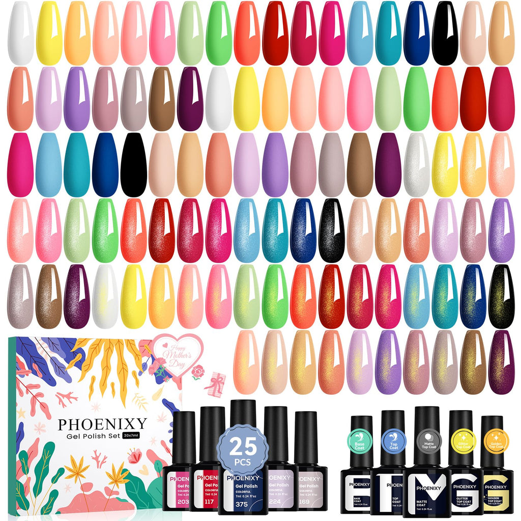 Phoenixy Gel Nail Polish Set – 25 Colors + Base & Top Coats, All-Season UV Gel