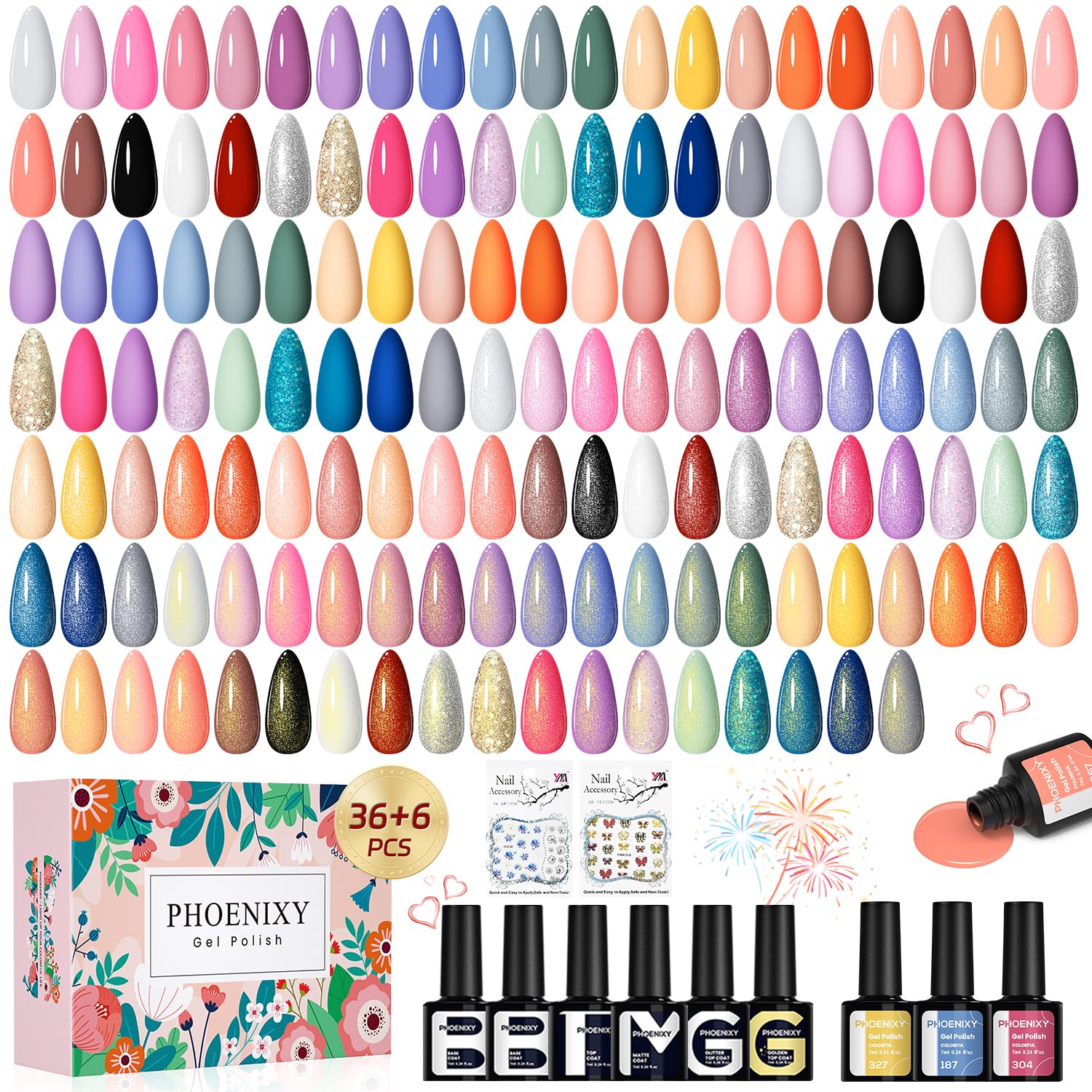 Phoenixy 44 Pcs Gel Nail Polish Set: 36 Colors + Base Coat & 4 Top Coats for All Seasons