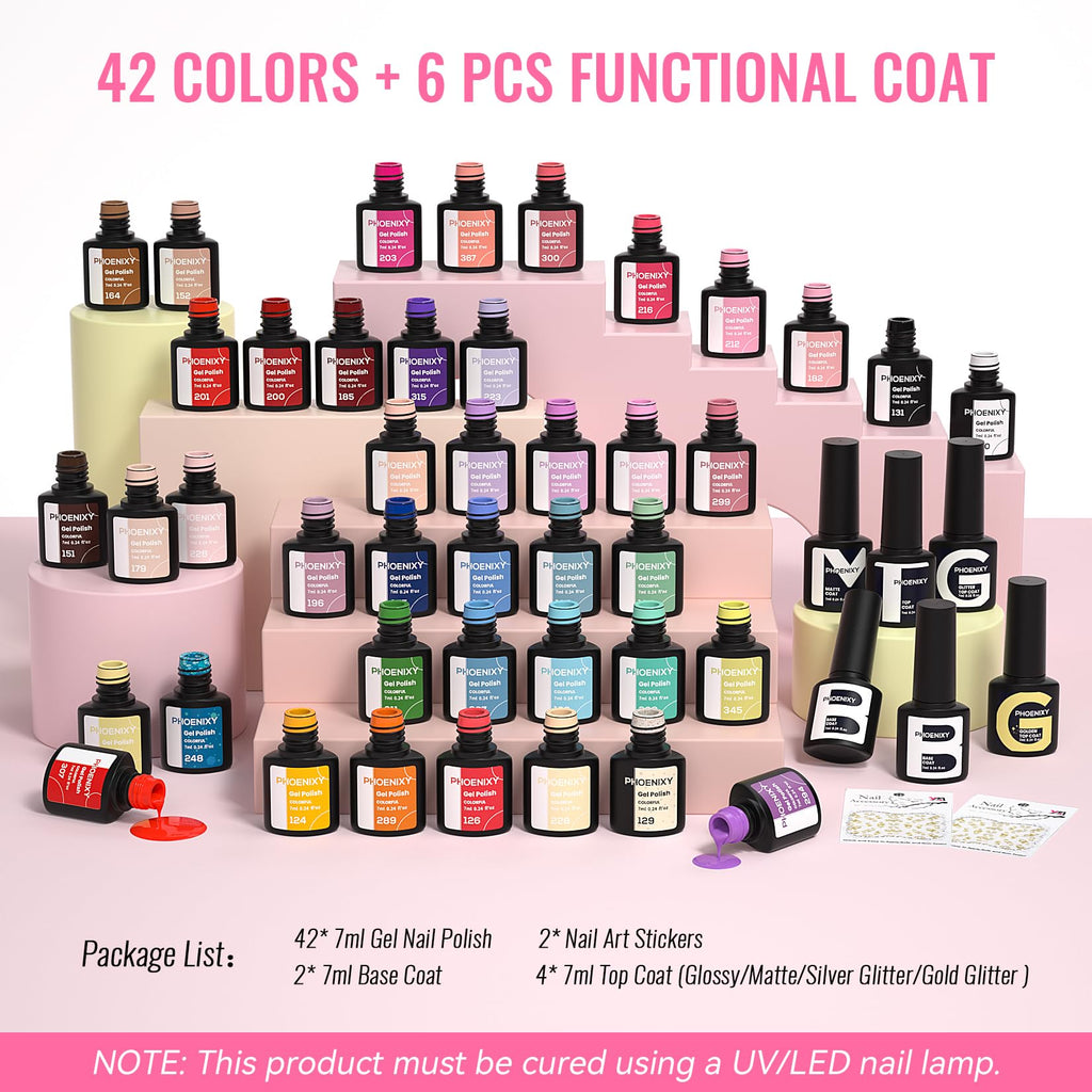 Phoenixy Gel Nail Polish Set – 42 Colors with Base Coat & 4 Top Coats for All-Season Manicures