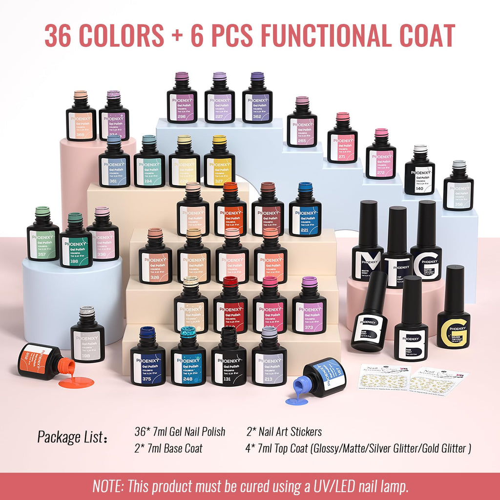 Phoenixy 44 Pcs Gel Nail Polish Set: 36 Colors + Base Coat & 4 Top Coats for All Seasons