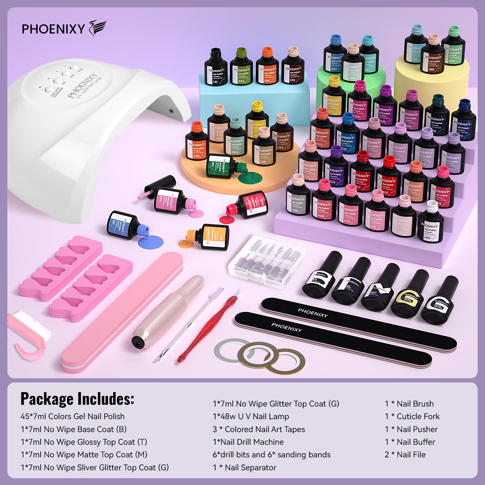 PHOENXY 63-Pcs Gel Nail Polish Kit with UV Light & Drill — 45 Colors Manicure Starter Set
