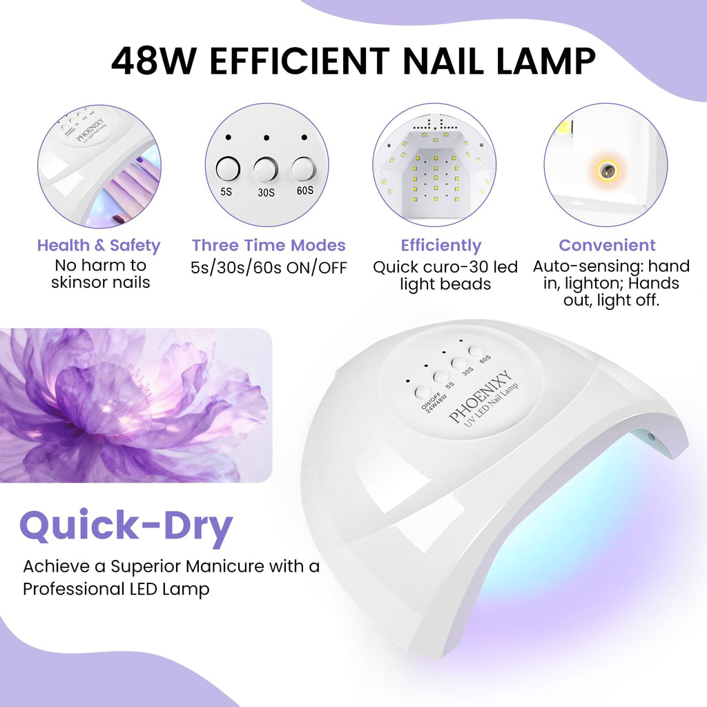 Phoenixy 65Pcs Gel Nail Kit with UV LED Lamp – 50 Colors, Base & Top Coat, Beginner Friendly