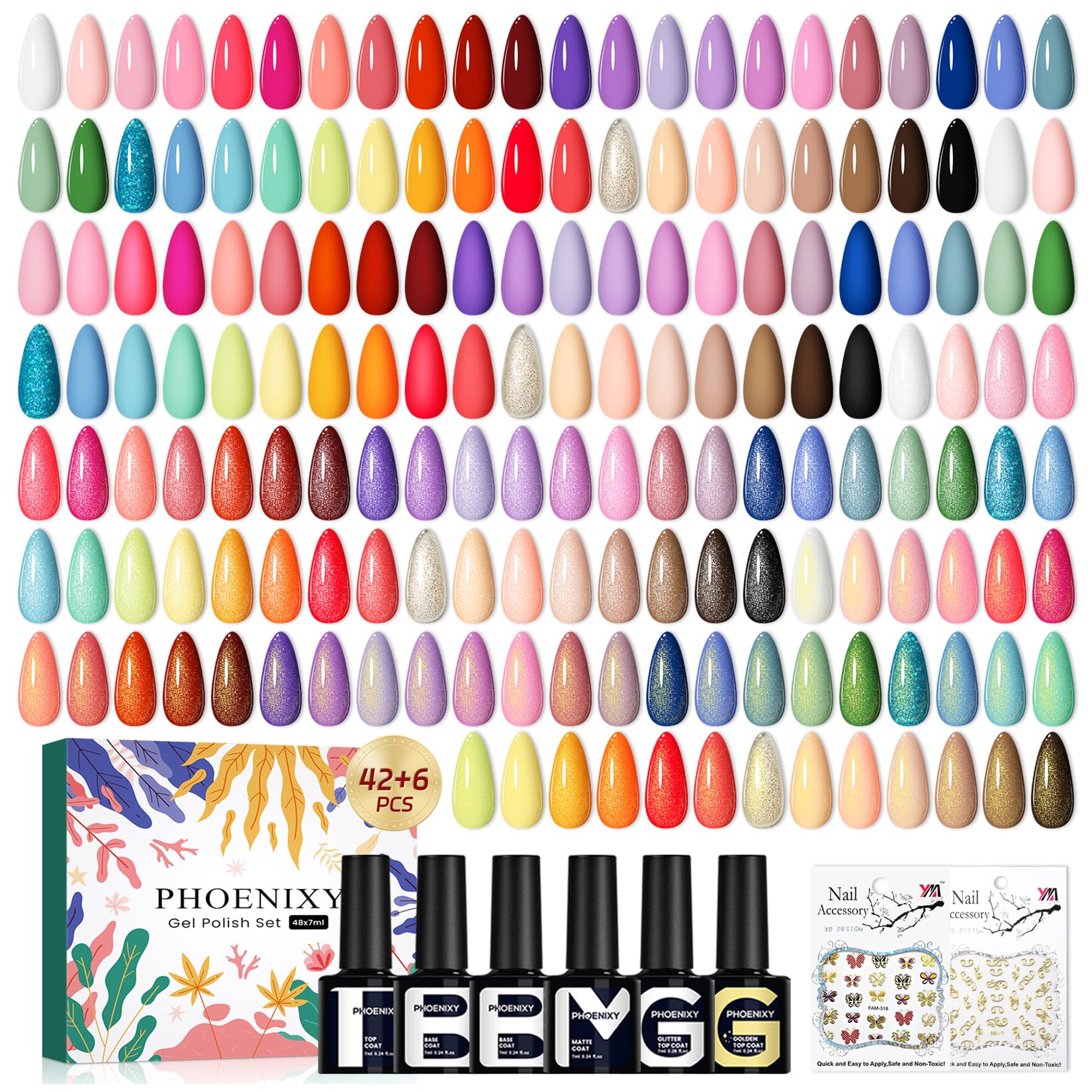 Phoenixy Gel Nail Polish Set – 42 Colors with Base Coat & 4 Top Coats for All-Season Manicures
