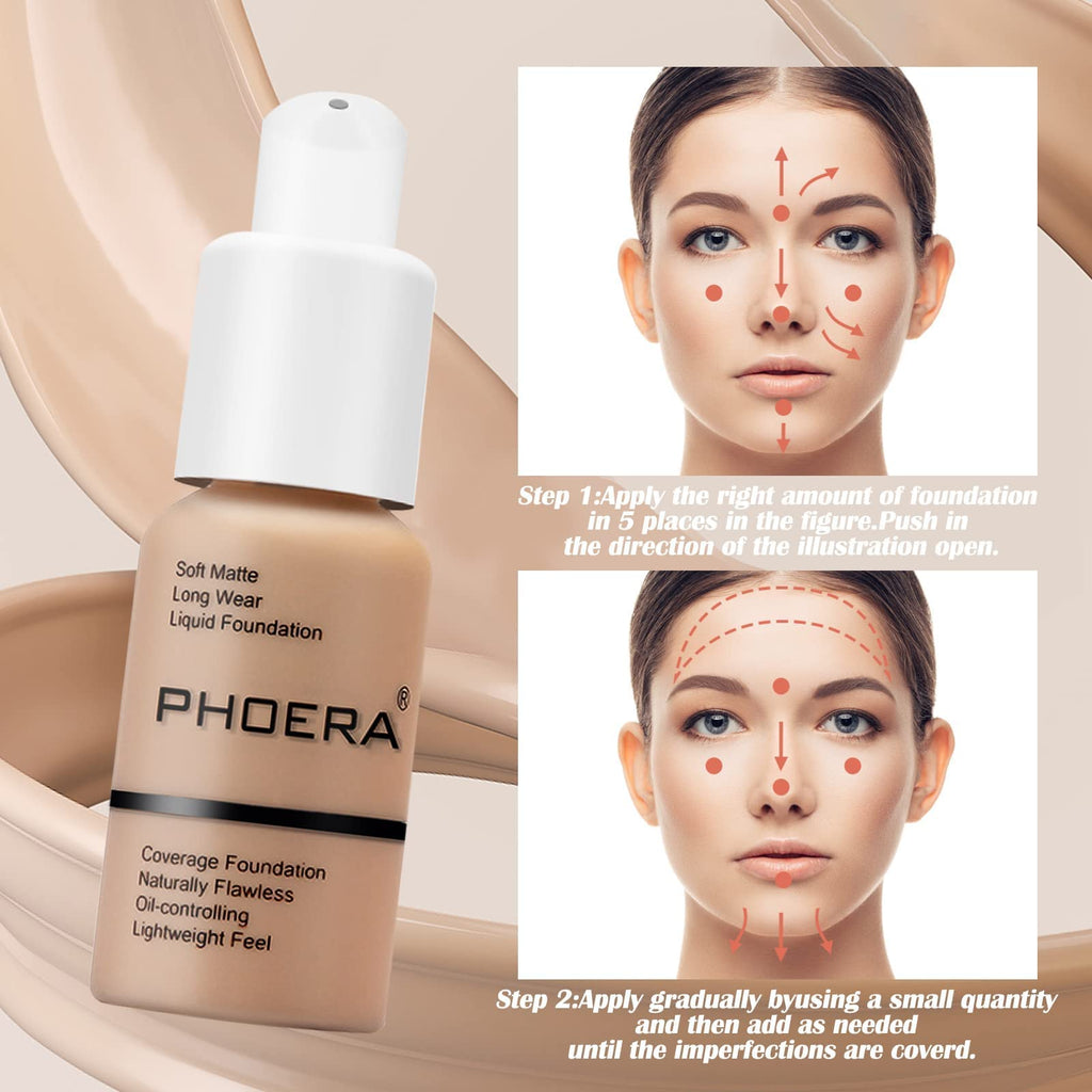 PHOERA Foundation Makeup – Soft Matte Oil-Control Foundation for Mature Skin, Porcelain 101 (2 pcs)