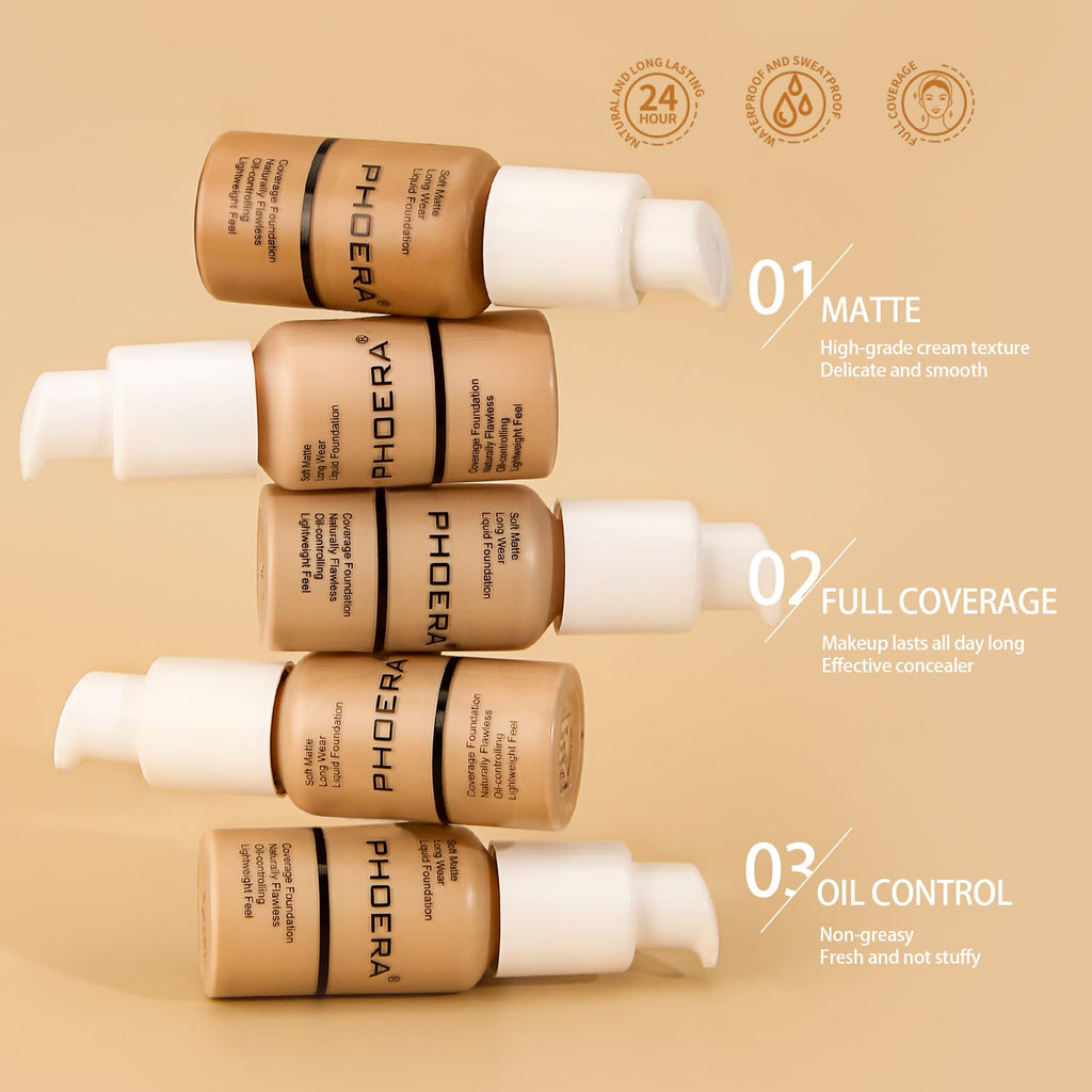 PHOERA Foundation Makeup – Soft Matte Oil-Control Foundation for Mature Skin, Porcelain 101 (2 pcs)