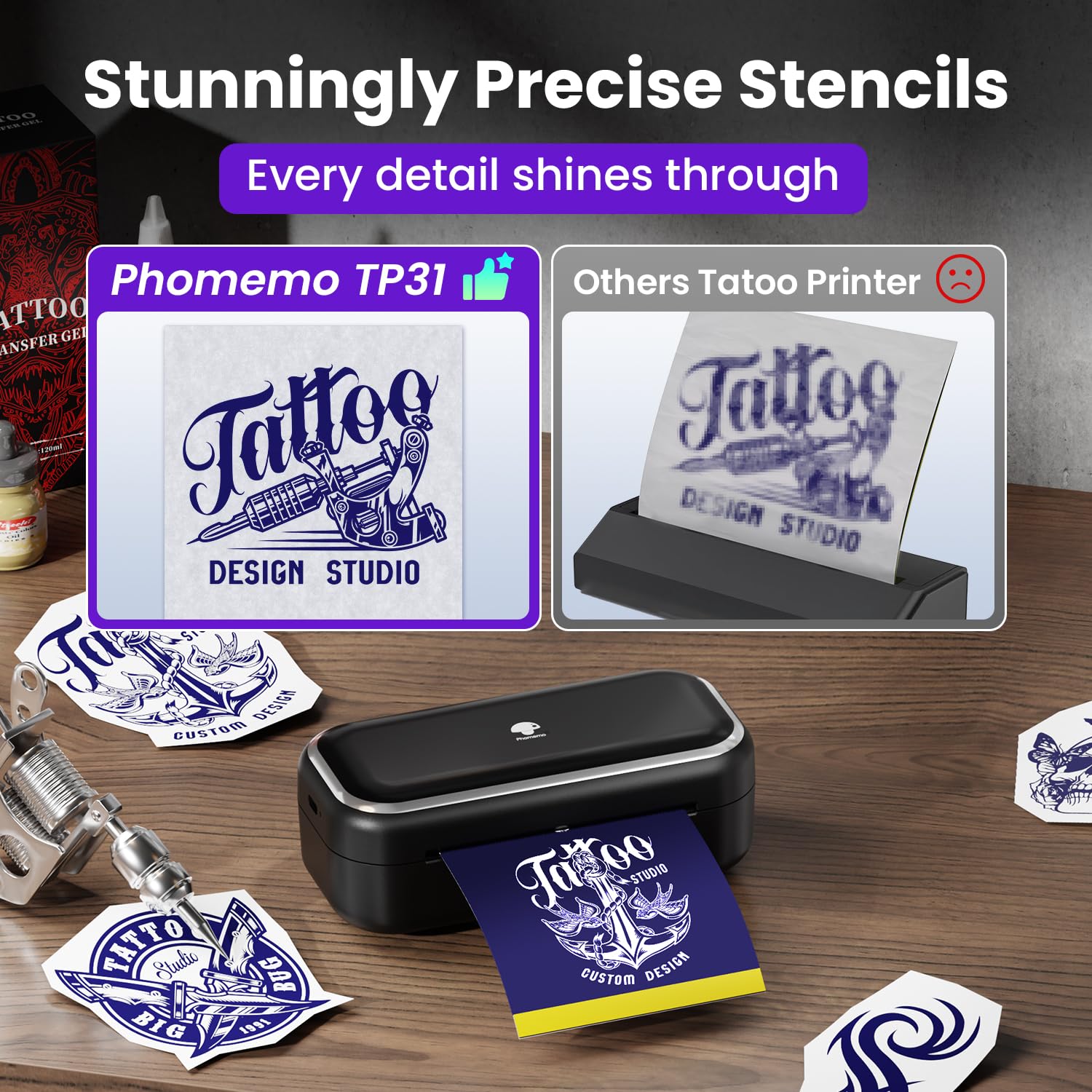 Phomemo TP31 Tattoo Printer — Portable Bluetooth Mini Tattoo Maker with 30 Transfer Papers