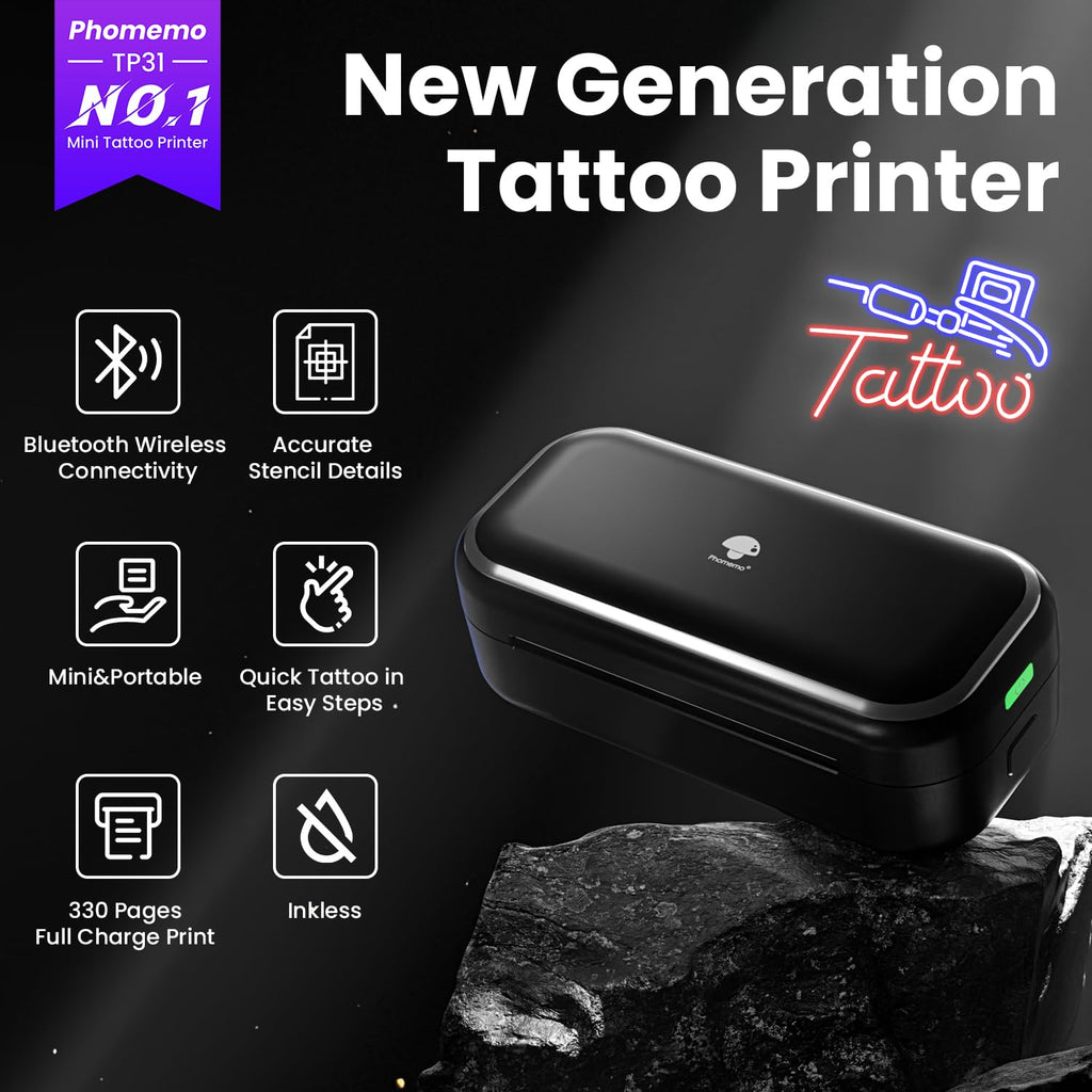Phomemo TP31 Tattoo Printer — Portable Bluetooth Mini Tattoo Maker with 30 Transfer Papers