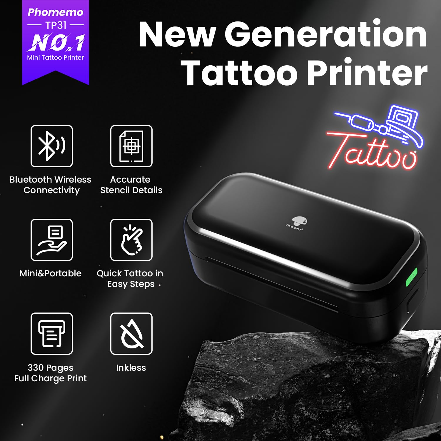 Phomemo TP31 Tattoo Printer — Portable Bluetooth Mini Tattoo Maker with 30 Transfer Papers