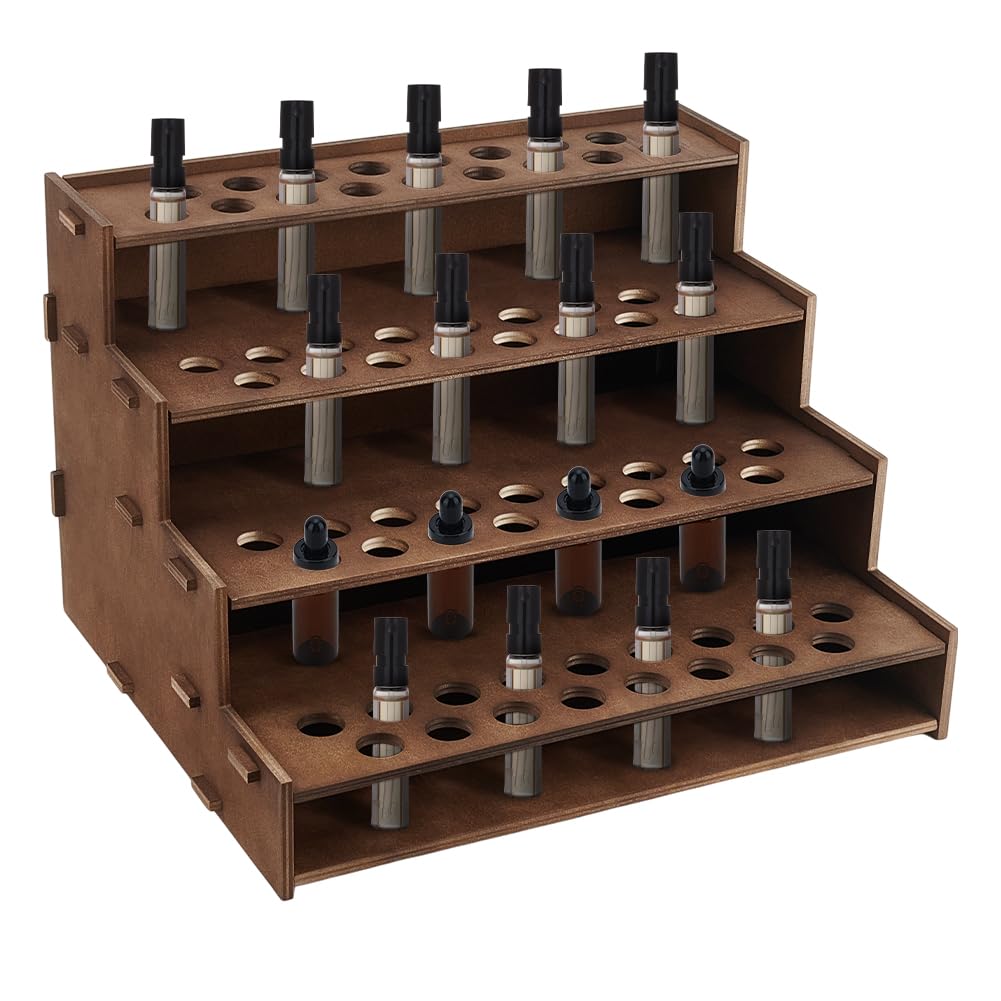 PH PandaHall 68 Holes Wooden Essential Oil Organizer – 4-Tier Coconut Brown Display Stand