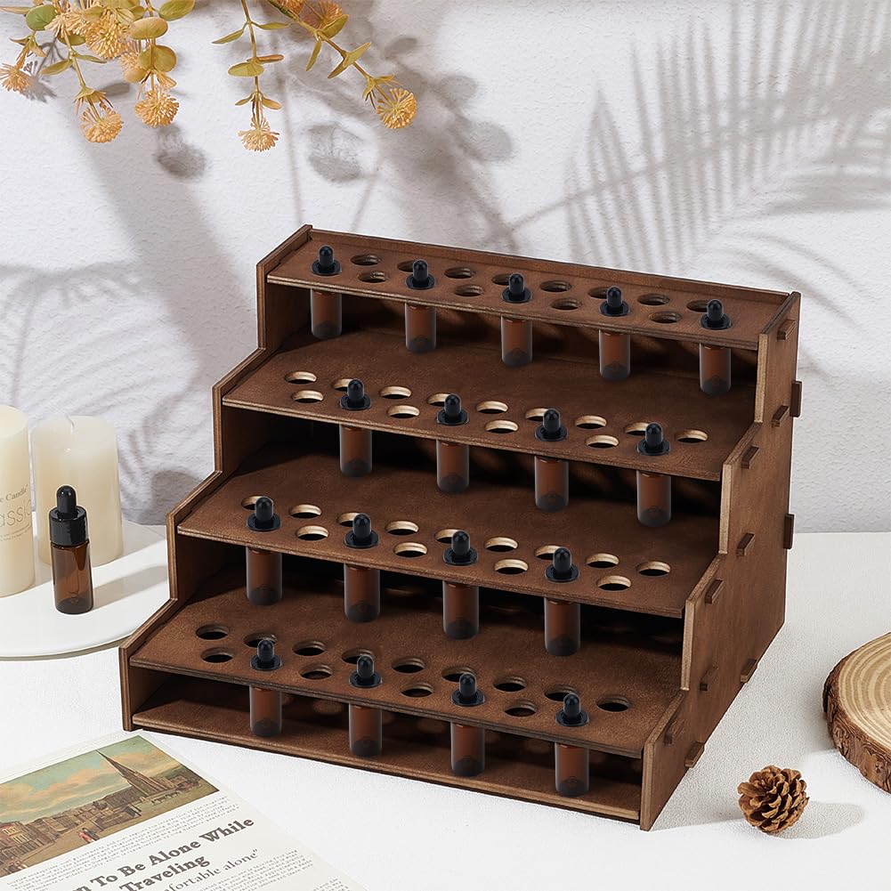 PH PandaHall 68 Holes Wooden Essential Oil Organizer – 4-Tier Coconut Brown Display Stand