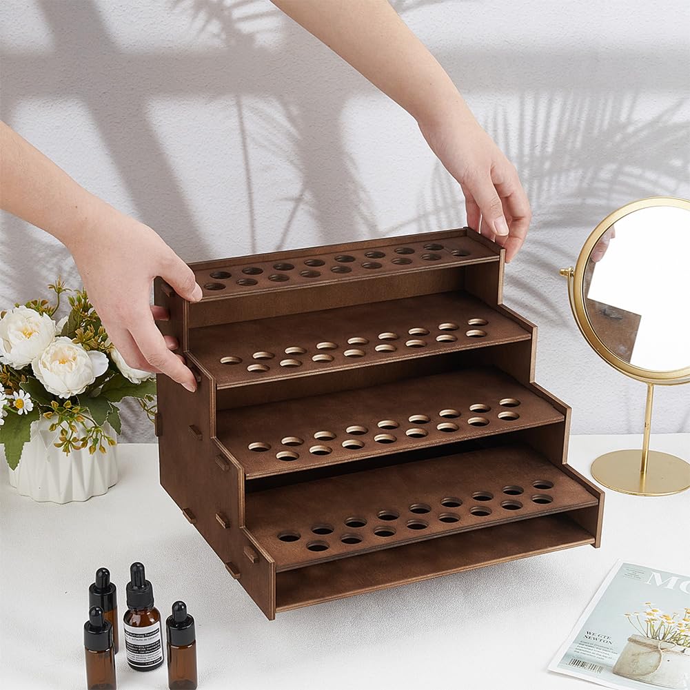 PH PandaHall 68 Holes Wooden Essential Oil Organizer – 4-Tier Coconut Brown Display Stand
