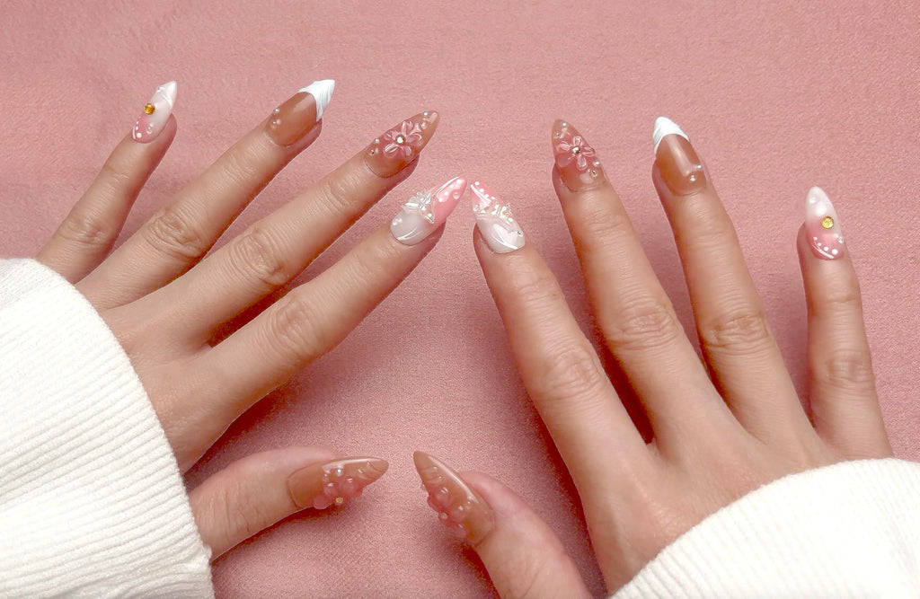PHYLIN LEAF Handmade Press On Nails – Medium Almond, 3D Sea Shell & Butterfly Design