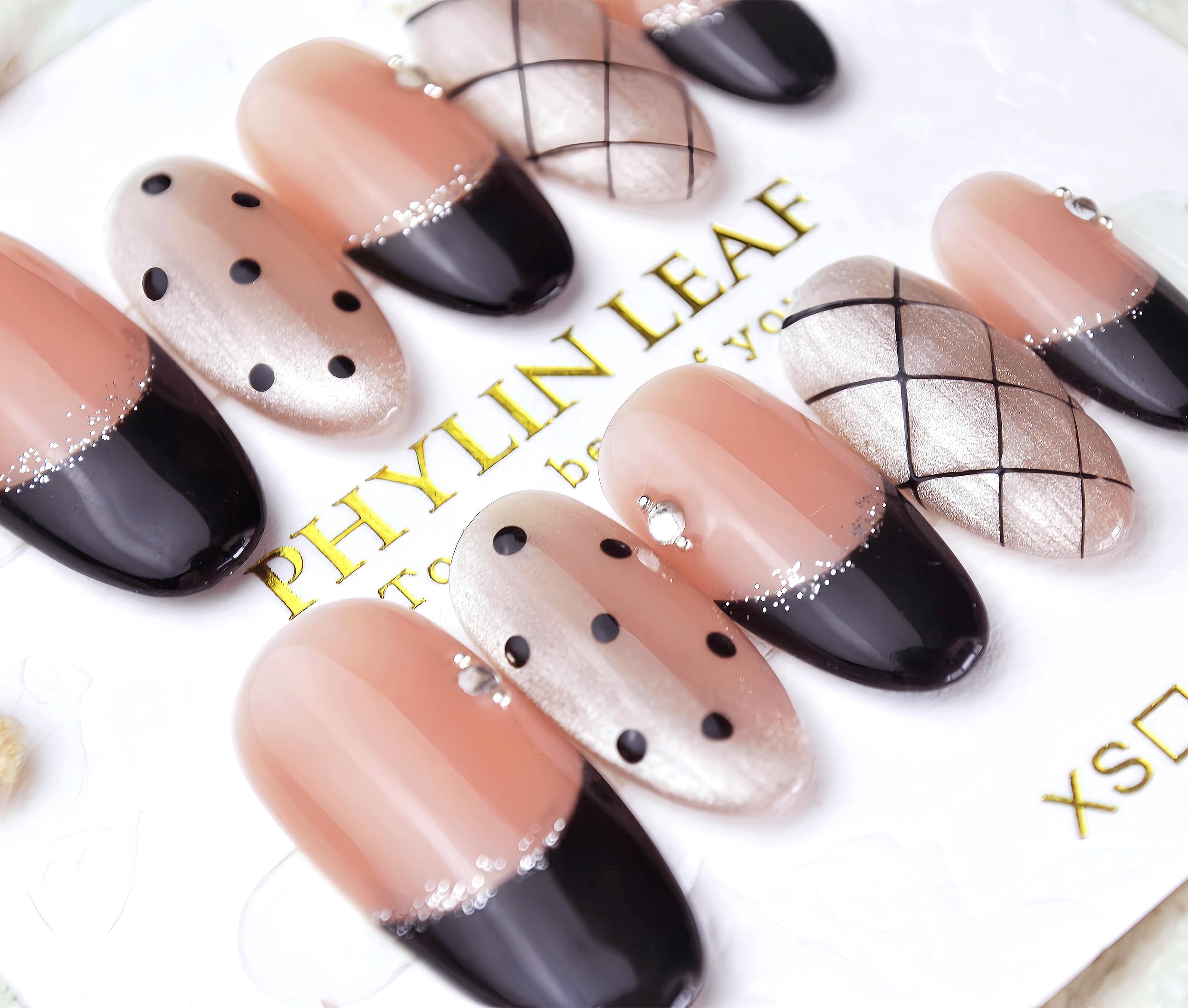 PHYLIN LEAF Handmade Press On Nails – Medium Almond Oval French Pink & Black Checkered