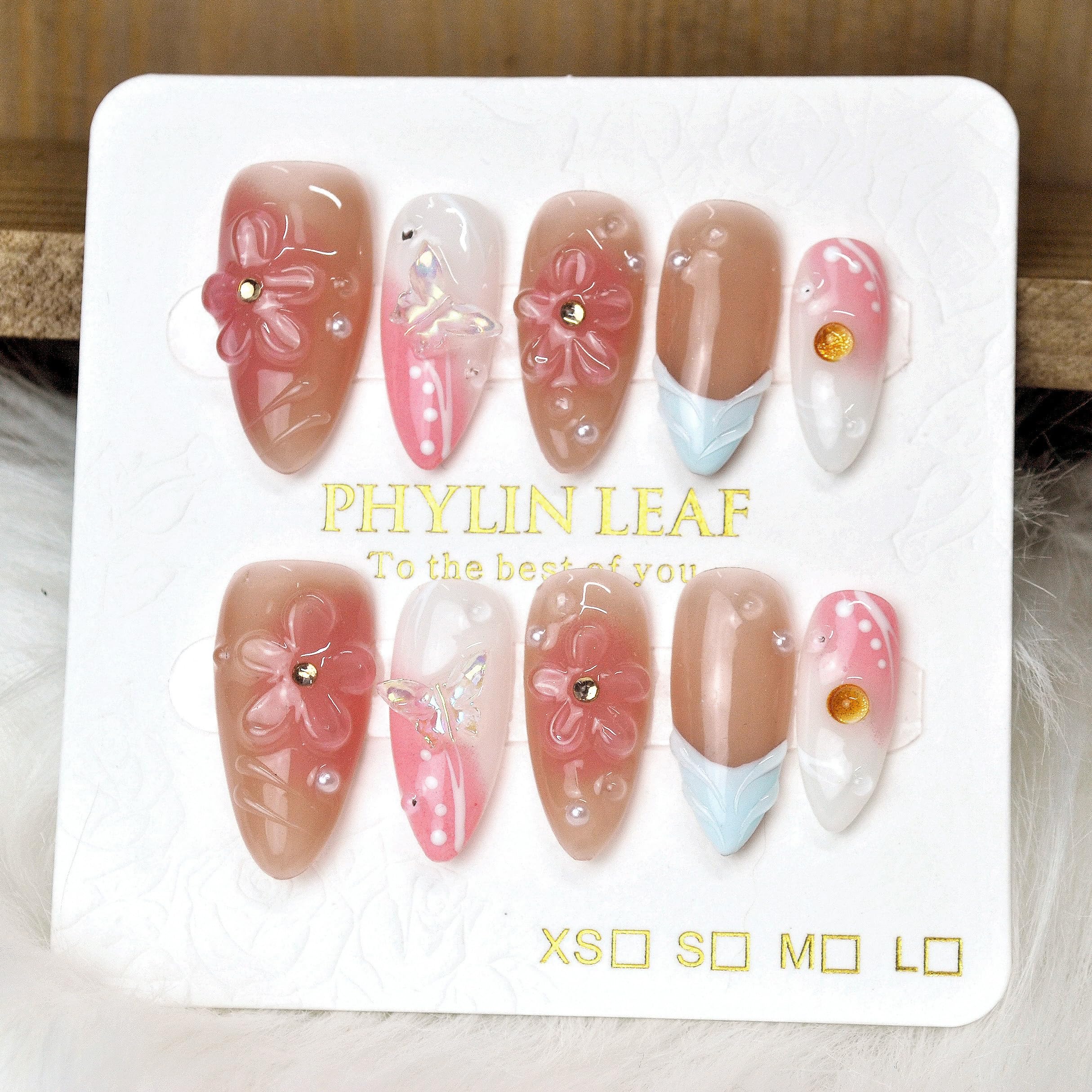 PHYLIN LEAF Handmade Press On Nails – Medium Almond, 3D Sea Shell & Butterfly Design