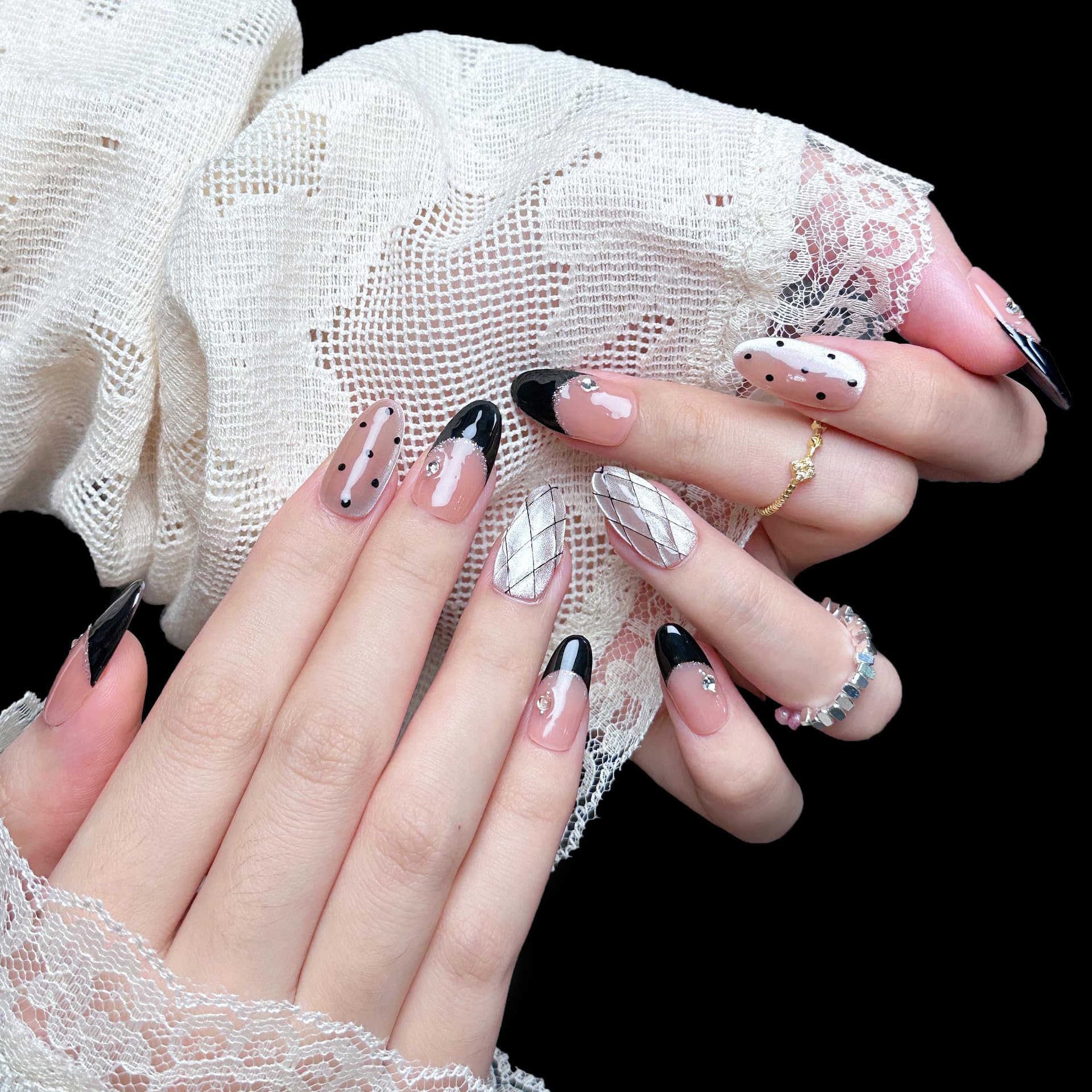 PHYLIN LEAF Handmade Press On Nails – Medium Almond Oval French Pink & Black Checkered