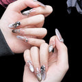 PHYLIN LEAF Handmade Press On Nails – Almond Oval 3D Black Crystal Design, Medium Long