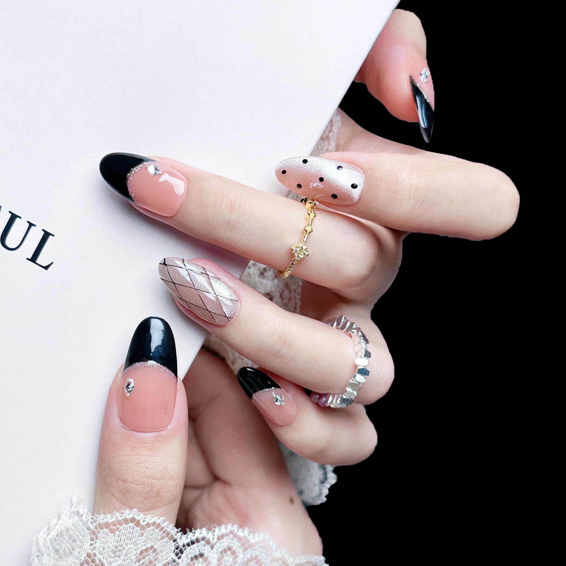 PHYLIN LEAF Handmade Press On Nails – Medium Almond Oval French Pink & Black Checkered