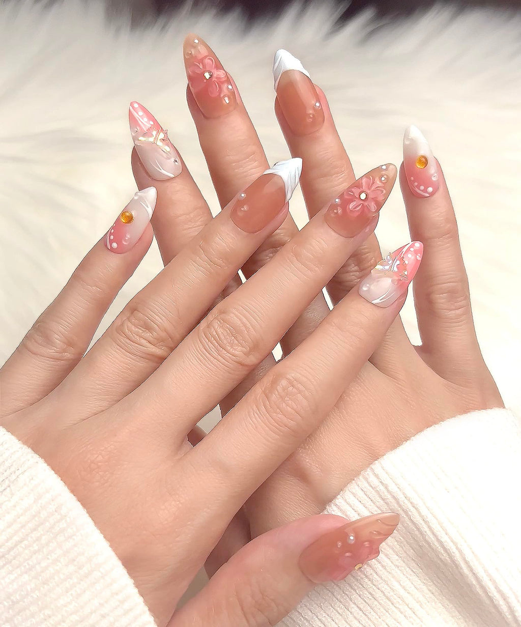 PHYLIN LEAF Handmade Press On Nails – Medium Almond, 3D Sea Shell & Butterfly Design