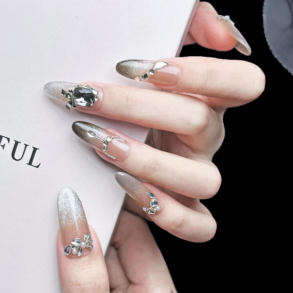 PHYLIN LEAF Handmade Press On Nails – Almond Oval 3D Black Crystal Design, Medium Long